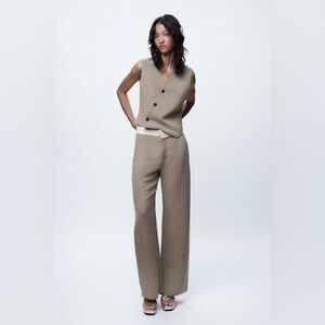 New Zara SET Asymmetric Vest Top & Matching Pant Taupe Linen Limited Edition
